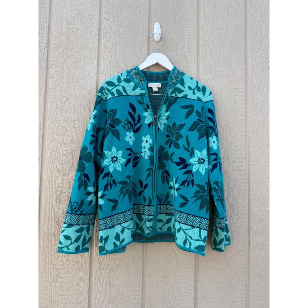 Appleseed's Large Zip Sweater Teal Floral Viscose Knit Flower Pull